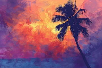 Wall Mural - An abstract background featuring a palm tree against a vibrant sunset