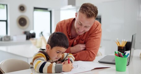 Canvas Print - Happy father, child and writing with book for coloring homework, art project or pattern at home. Dad helping young boy, son or little kid with notebook, artwork or laptop in remote work at the house