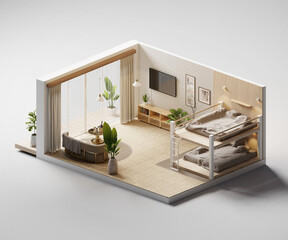 Poster - Isometric view bed room open inside interior architecture 3d rendering digital art	