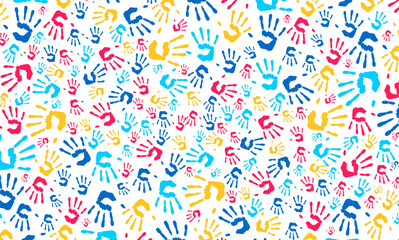 Wall Mural - Autism Awareness Day concept colorful kids hand together seamless pattern background. child handprint shaped autism seamless pattern vector illustrator background for autism day template.