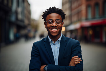 Smiling black businessman in suit. Man in work clothes. Rich man. Business boss. Boss of a start-up. Black man. Africa man. African country.AI.