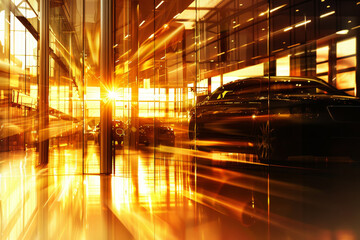 Poster - An abstract view of a luxury car showroom, the warm light creating a sophisticated and inviting atmosphere