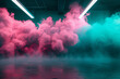 A vibrant and striking splash of raspberry pink and teal smoke, forming an energetic gradient in a 3D-rendered garage with vivid lighting