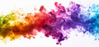 A vibrant array of colorful smoke splashing over a pure white background, resembling a rainbow bursting into a mist