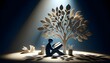 The Light of Learning: A Silhouette Absorbed in Reading Under the Tree of Knowledge
