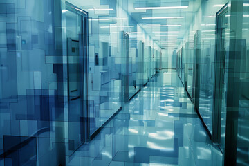 Poster - An abstract view of a medical laboratory, with a labyrinth of corridors and doors