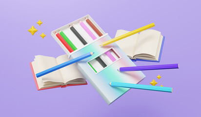 Poster - Coloring activity Open book floating on Purple background. School creative painting art with Reading writing training learning online education concept. Banner, 3d rendering illustration