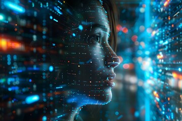 Wall Mural - Artificial Intelligence. digital art piece showcases a closeup profile view of a woman face, composed entirely of glowing blue and white dots, radiating a sense of futuristic technology