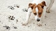 Cute Puppy on carpet with dirty paw prints. Dog making a mess on white rug. Playful puppy with muddy paws. Concept of mischievous pet, domestic animals, home mess, pet training, playful mischief