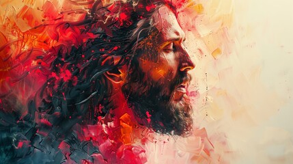 Serene portrait of Jesus Christ. Oil painting style. Vibrant colors. The Savior Jesus Christ. Concept of faith, spirituality, Easter, divinity, Christian beliefs, resurrection. Artwork. Copy space