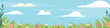 Horizontal long banner with blue sky and spring summer flowers on the bottom