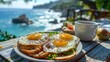 Morning Delights: Avocado Toast and Coffee by the Sea Generative AI