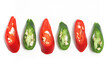 Close-up sliced red and green hot chili pepper top view isolated on white background clipping path