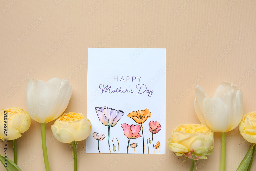 Festive postcard with flowers on beige background. Mother's Day celebration
