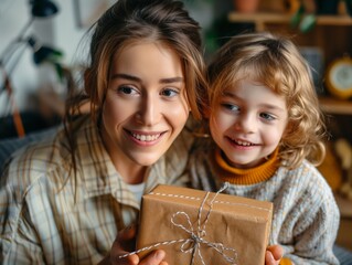 Wall Mural - A woman and a child are holding a brown box together