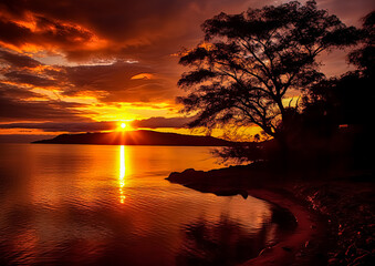 Wall Mural - A beautiful sunset over a body of water with a tree in the foreground. The sky is filled with clouds and the sun is setting, creating a warm and peaceful atmosphere