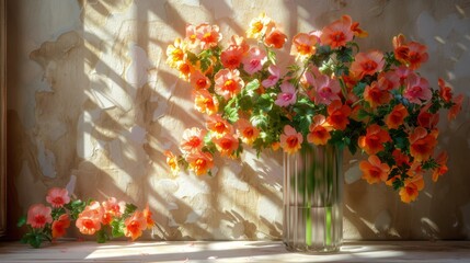 Poster -  a vase filled with lots of flowers sitting on top of a table next to a vase filled with pink and orange flowers.