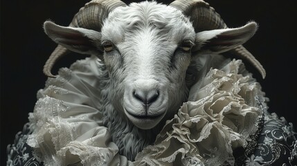 Wall Mural -  a close up of a goat wearing a dress and a goat's head with horns on it's head.