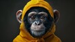  a close up of a monkey wearing a yellow jacket and looking at the camera with a surprised look on its face.