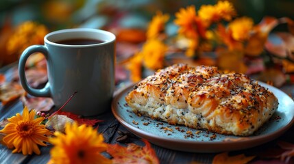 Wall Mural -  a piece of bread on a plate next to a cup of coffee on a table with autumn leaves and flowers.