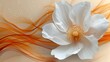  a white flower with a yellow center surrounded by orange and white swirls and drops of water on a beige background.