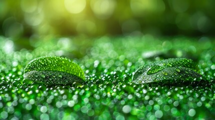  a close up of two green leaves with water droplets on the leaves and a green boke of grass in the background.