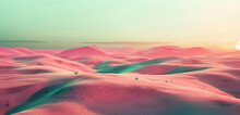 An Expansive Desert At Sunset, Featuring Pink Sand Dunes Under A Soft Green Sky, With Sparse Patches Of Blue Cacti