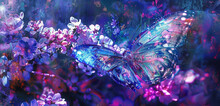 Combining The Delicate Details Of A Butterfly Wing With A Vibrant Floral Scene For A Double Exposure Effect, In Cobalt And Magenta