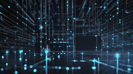 Poster - Futuristic Technology Digital Data Network Connection, Digital Cloud Computing Cyber Security, Abstract digital Blue particles point, Digital cyberspace, Technology digital connection.