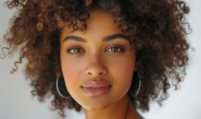 Wall Mural - A girl with a perfect smile and curly hair on a light coloured backgroundf