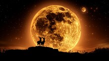  A Silhouette Of A Deer Standing On Top Of A Hill Under A Full Moon With A Full Moon In The Background.