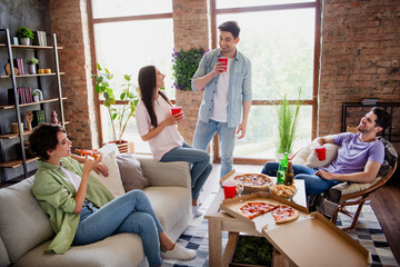 Canvas Print - Photo of carefree best friends company sit chair couch chatting eat pizza delivery drink beer plastic cups flat indoors