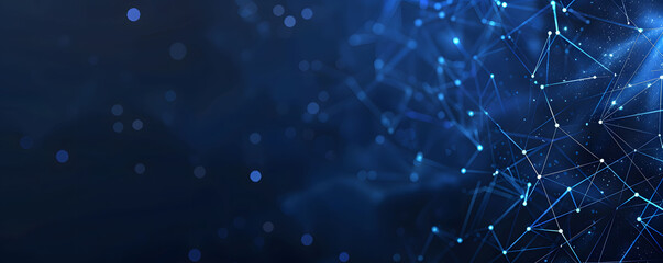 Abstract geometric network on dark blue background, illustrating the concept of network line connections and data connections. Blue lines connected with dots illustrate the network structure.