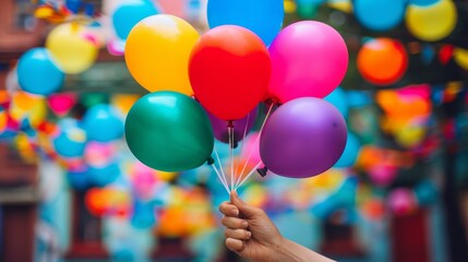 Poster - A person holding a bunch of balloons in their hand, AI