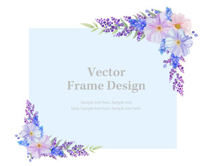 Wall Mural - Botanical rectangle frame and border of spring flower and leaf. Blue, pink and purple wild flowers vector illustration.