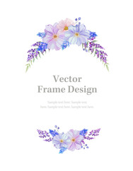 Wall Mural - Botanical oval frame and  border of spring flower and leaf. Blue, pink and purple wild flowers vector illustration.