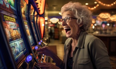 A shocked surprised woman after winning a slot machine at a casino