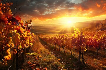 Wall Mural - A vineyard at sunset in autumn