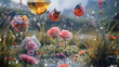 Alpine meadow with petrol-tinted dew, hexagonal flowers, a butterfly, three roses, and floral acrylic balloons