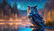 Illustration of a night owl near the lake at night with a golden reflection in the water from the midnight stars