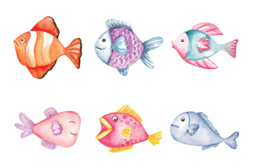 Wall Mural - colorful of fish cartoon watercolor element