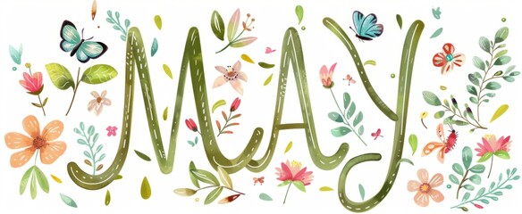Poster - MAY cute text with flowers, leaves and butterflies clip art illustration in the style of cartoon isolated on white background Generative AI