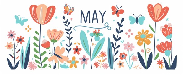 Poster - MAY with flowers and butterflies, white background Generative AI