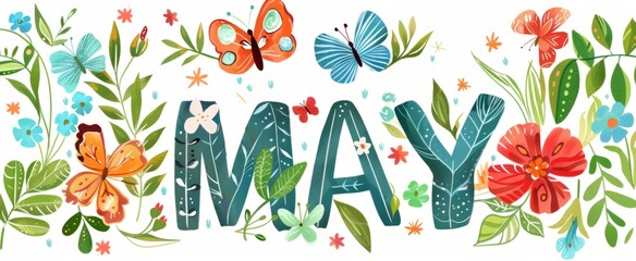 Wall Mural - MAY cute text with flowers, leaves and butterflies clip art on a white background Generative AI