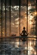 A person sits in a lotus position in front of a window, meditating peacefully in a room