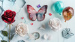 Boutique hotel suite with petrol-infused liquid decor, hexagonal architectural details, a luxury butterfly, a boutique compass, three chic roses, and exclusive acrylic watercolor balloons