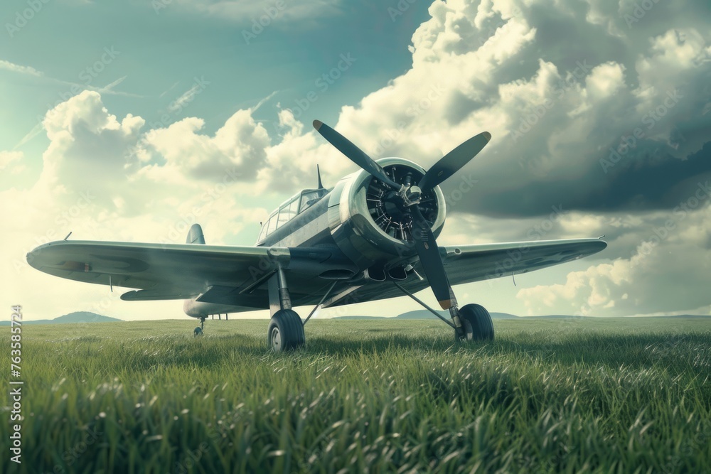 A small vintage propeller plane is seen sitting on top of a lush green ...
