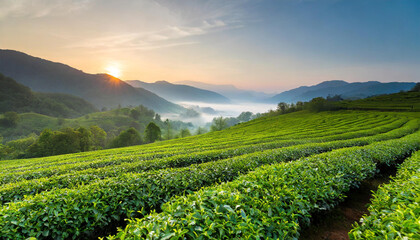 Wall Mural - Serene green tea fields at sunrise, misty mountains in the background, essence of nature and freshness