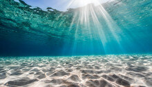 Summer Time Under Sea Ocean In Clean And Clear Water With Ray Of Sunlight From Surface For Background Concept Design