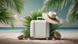 White suitcase with beach accessories and coconut leaves on white background. summer travel concept .3d render